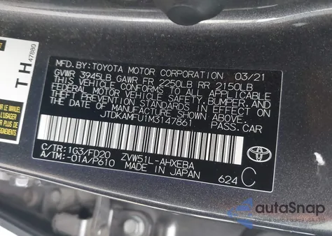 2021 Toyota Prius Le из США, поврежденный, VIN JTDKAMFU1M3147861